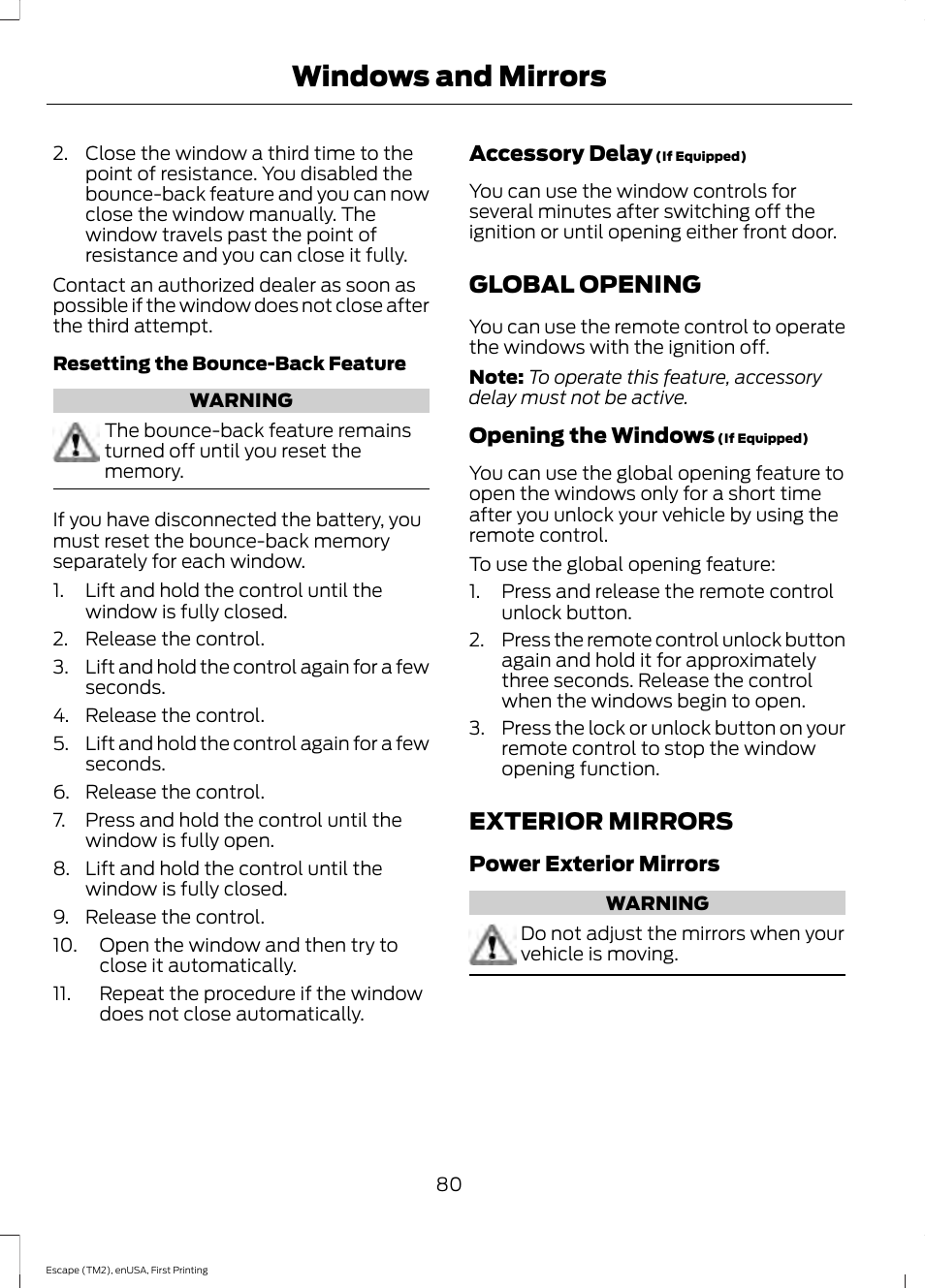 Global opening, Exterior mirrors, Global opening exterior mirrors | Windows and mirrors | FORD 2015 Escape User Manual | Page 83 / 449