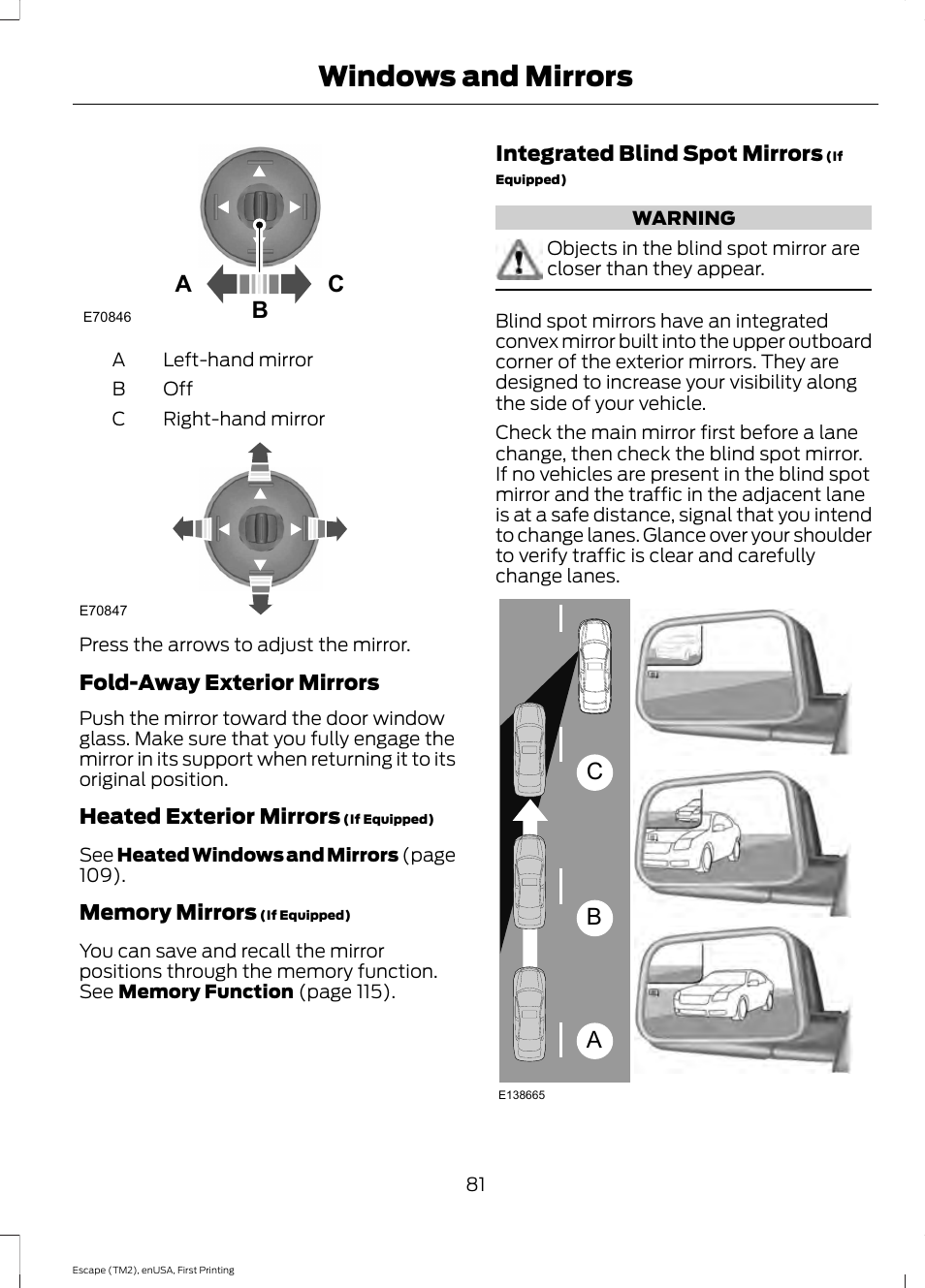 Windows and mirrors, Ac b, Ab c | FORD 2015 Escape User Manual | Page 84 / 449