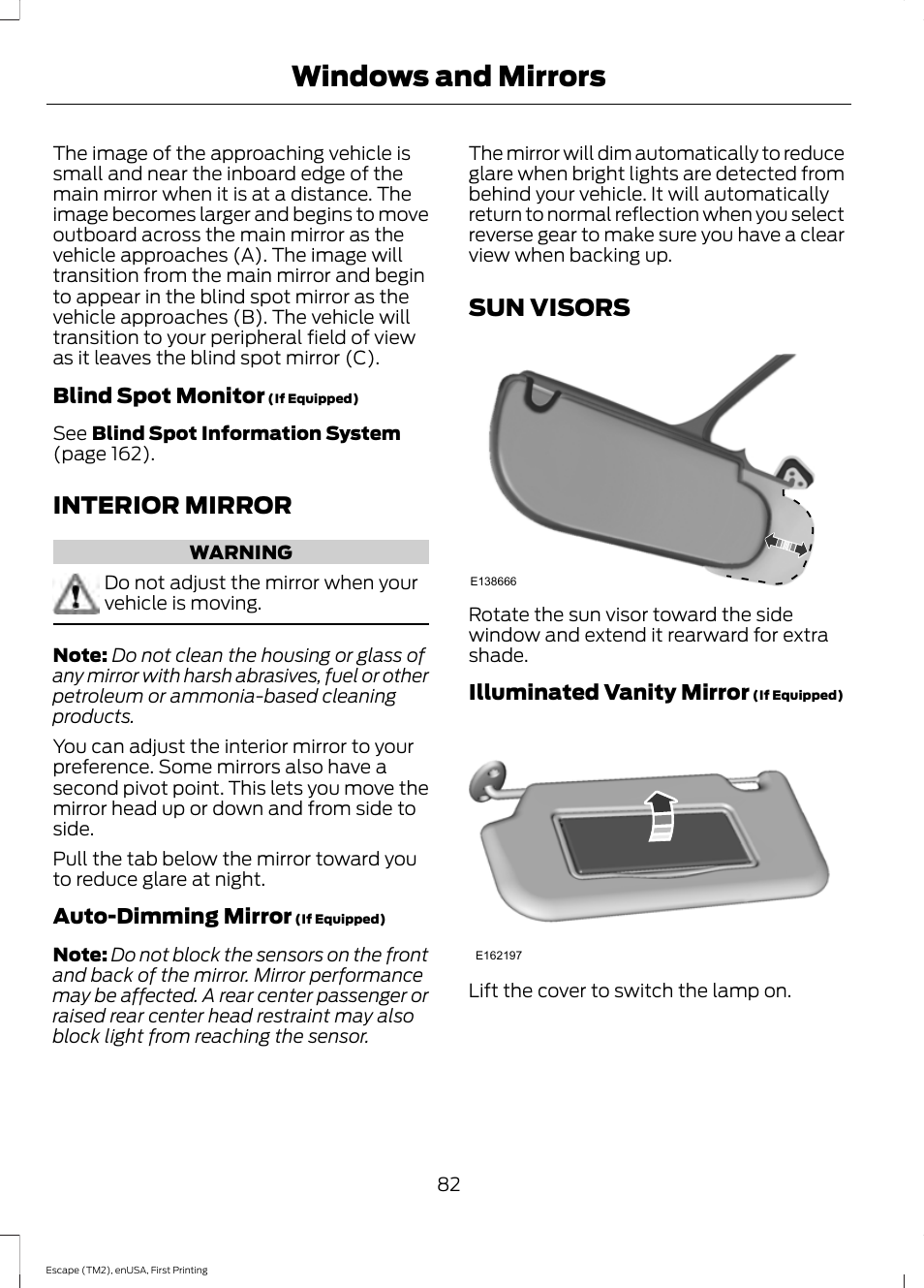 Interior mirror, Sun visors, Interior mirror sun visors | Windows and mirrors | FORD 2015 Escape User Manual | Page 85 / 449