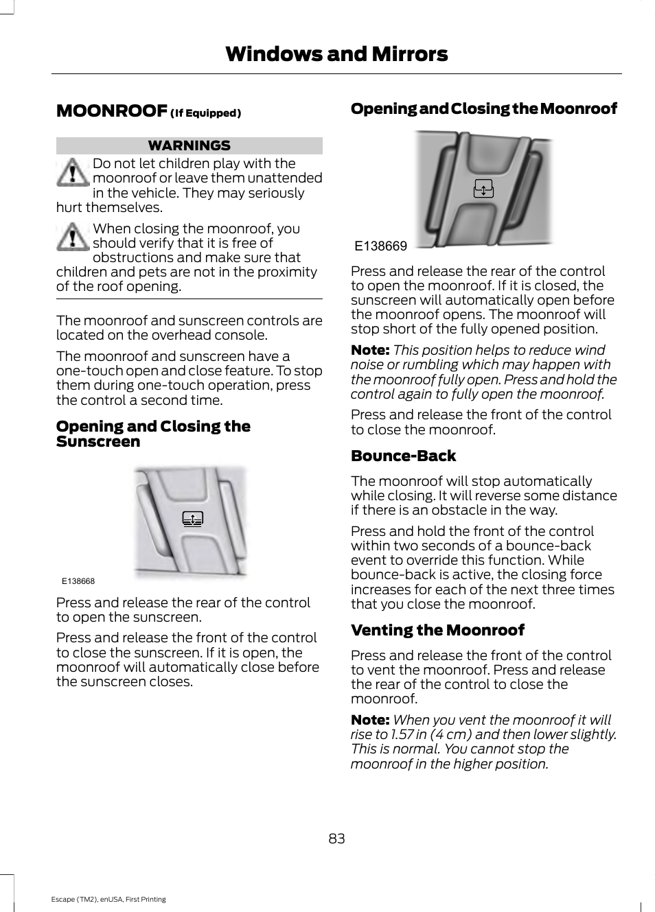 Moonroof, Windows and mirrors | FORD 2015 Escape User Manual | Page 86 / 449