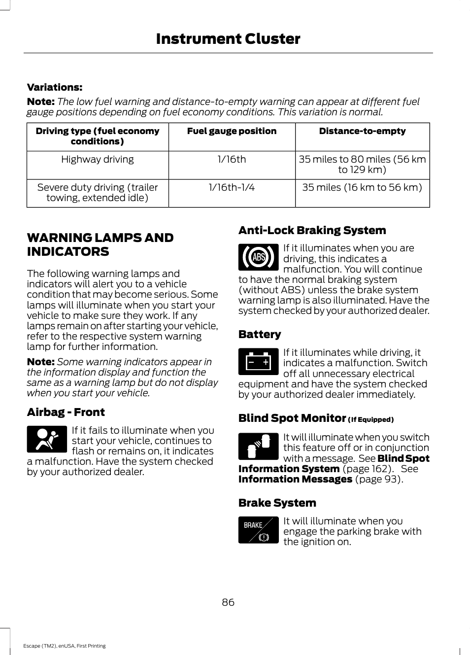 Warning lamps and indicators, Instrument cluster | FORD 2015 Escape User Manual | Page 89 / 449