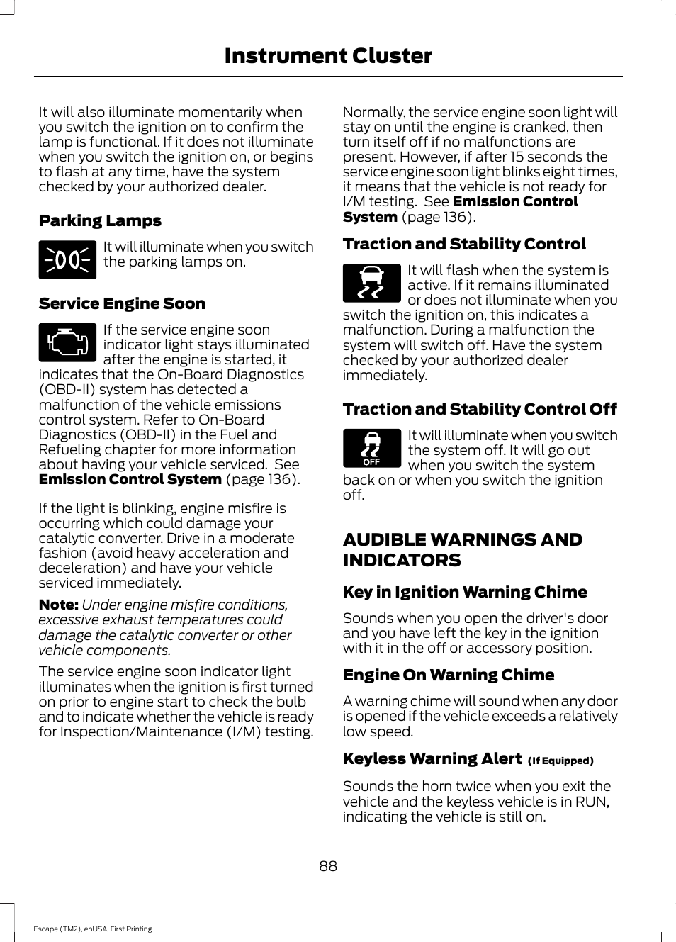 Audible warnings and indicators, Instrument cluster | FORD 2015 Escape User Manual | Page 91 / 449