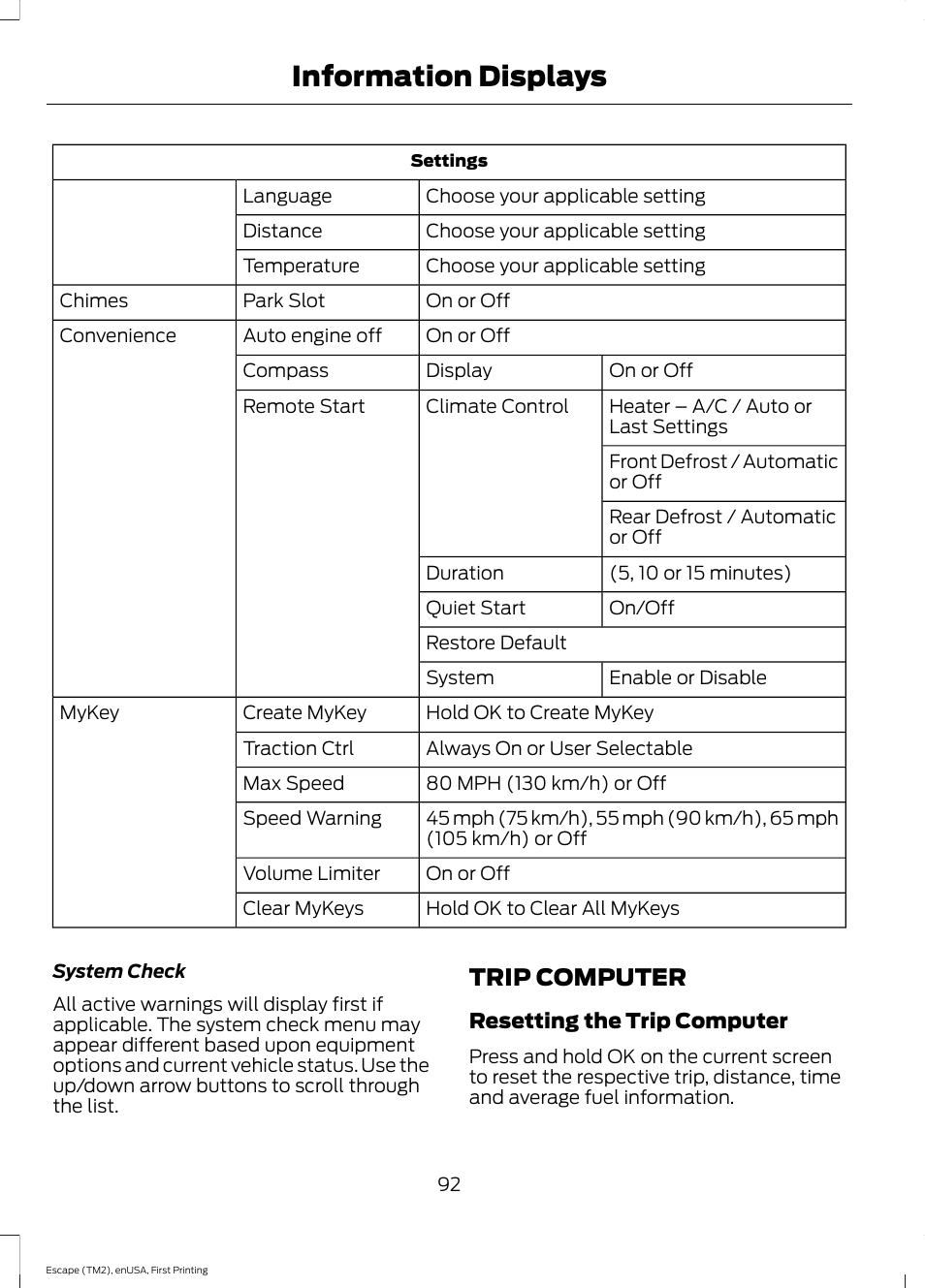 Trip computer, Information displays | FORD 2015 Escape User Manual | Page 95 / 449