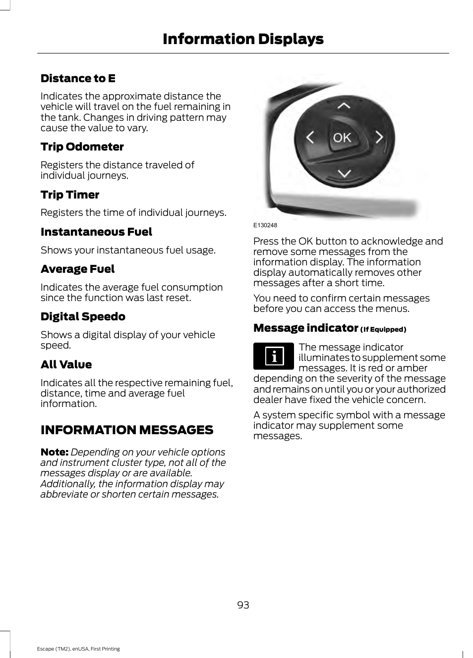 Information messages, Information displays | FORD 2015 Escape User Manual | Page 96 / 449