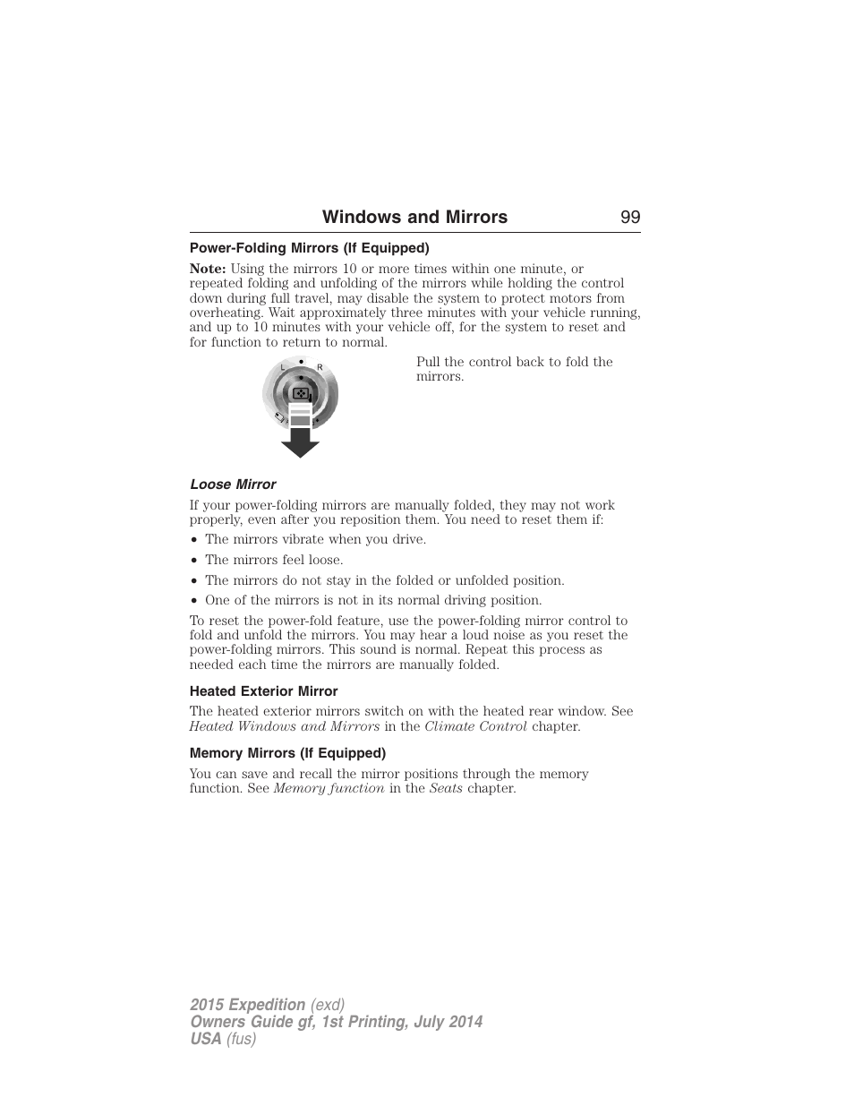 Power-folding mirrors (if equipped), Loose mirror, Heated exterior mirror | Memory mirrors (if equipped), Windows and mirrors 99 | FORD 2015 Expedition User Manual | Page 100 / 564