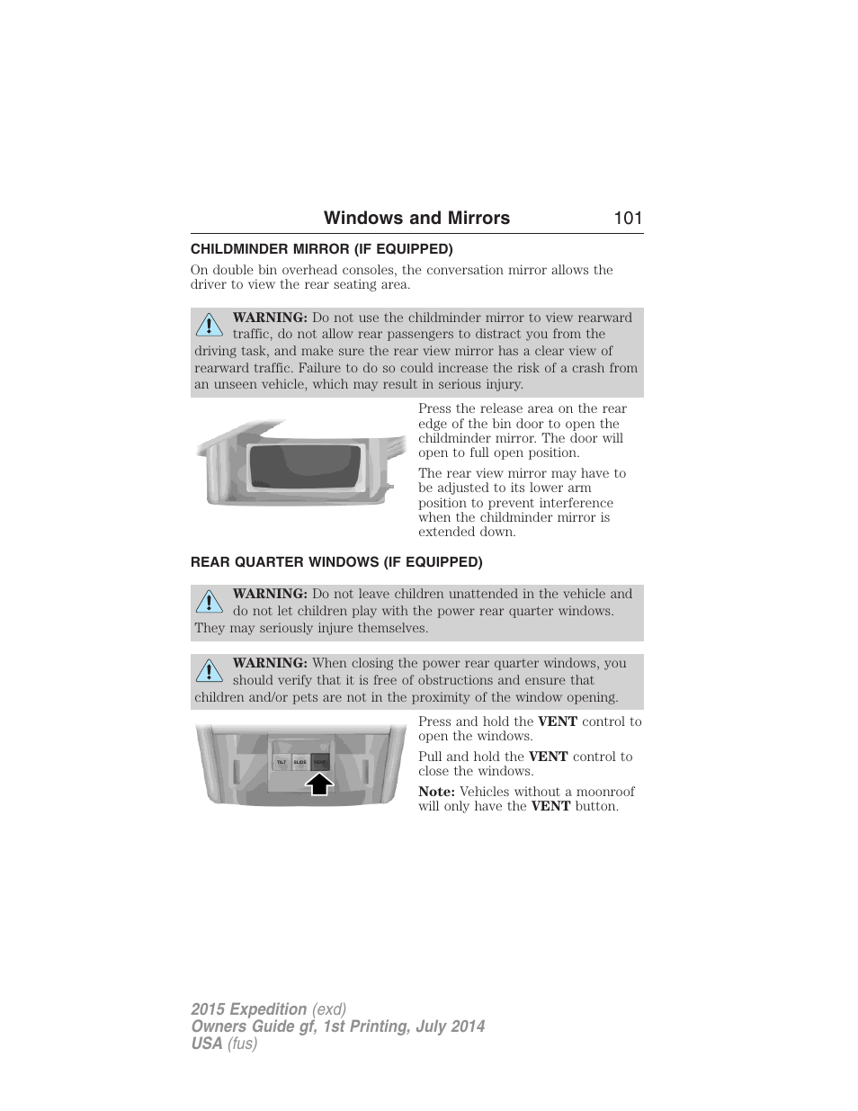 Childminder mirror (if equipped), Rear quarter windows (if equipped), Windows and mirrors 101 | FORD 2015 Expedition User Manual | Page 102 / 564