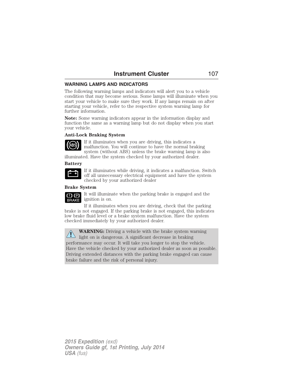 Warning lamps and indicators, Instrument cluster 107 | FORD 2015 Expedition User Manual | Page 108 / 564