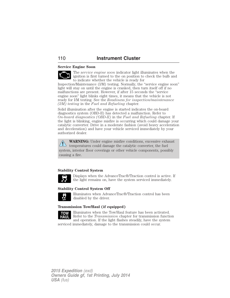 110 instrument cluster | FORD 2015 Expedition User Manual | Page 111 / 564