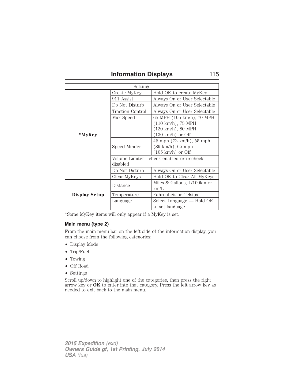 Main menu (type 2), Information displays 115 | FORD 2015 Expedition User Manual | Page 116 / 564