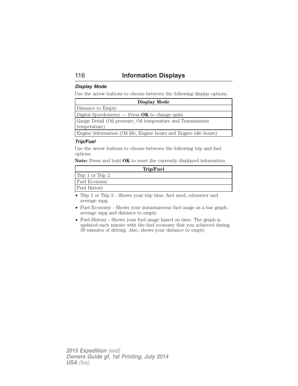 Display mode, Trip/fuel, 116 information displays | FORD 2015 Expedition User Manual | Page 117 / 564