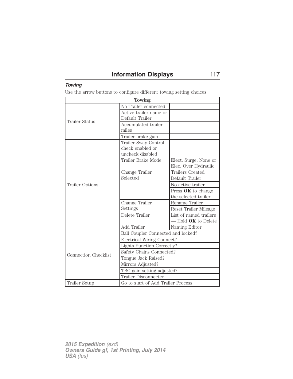 Towing, Information displays 117 | FORD 2015 Expedition User Manual | Page 118 / 564