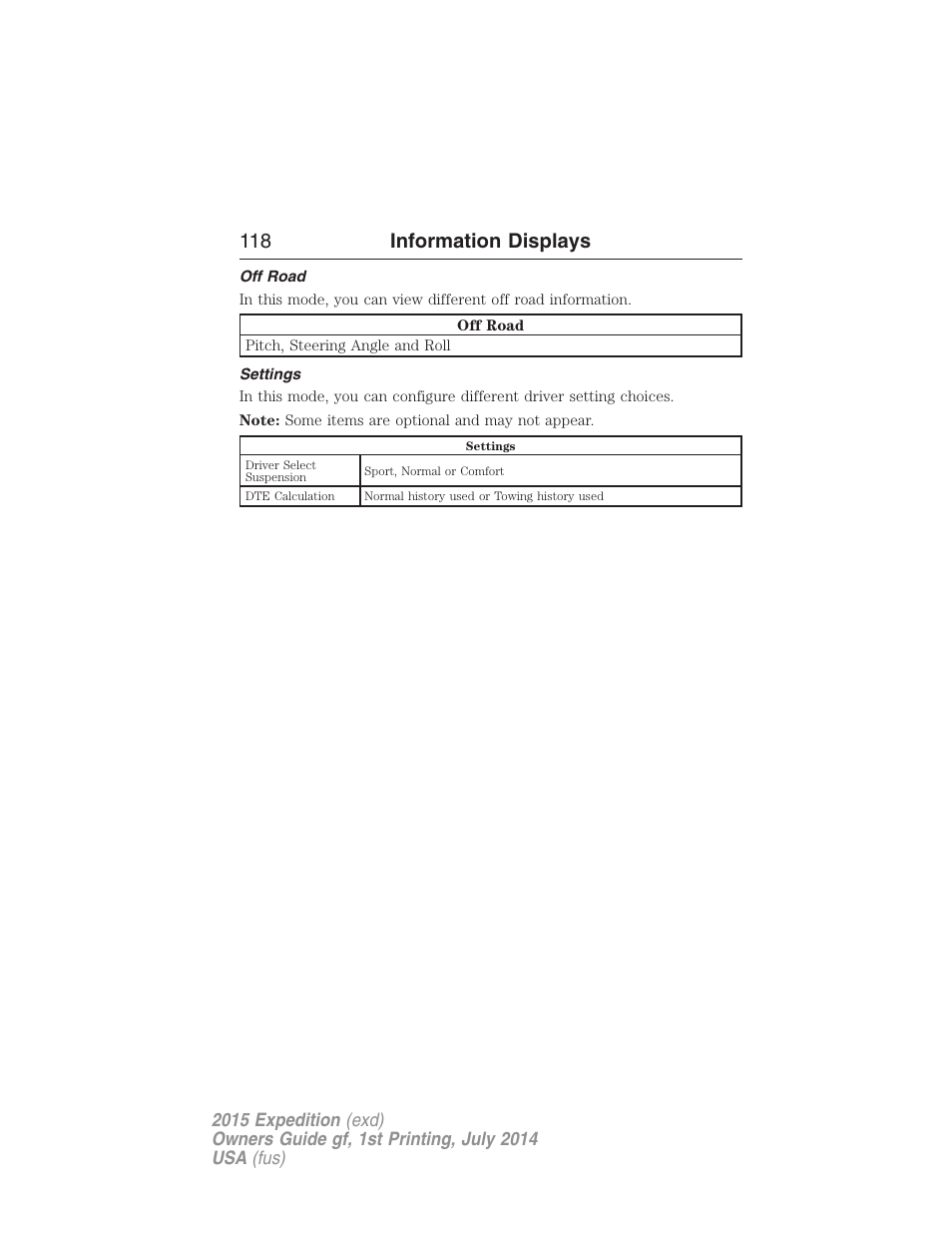 Off road, Settings, 118 information displays | FORD 2015 Expedition User Manual | Page 119 / 564