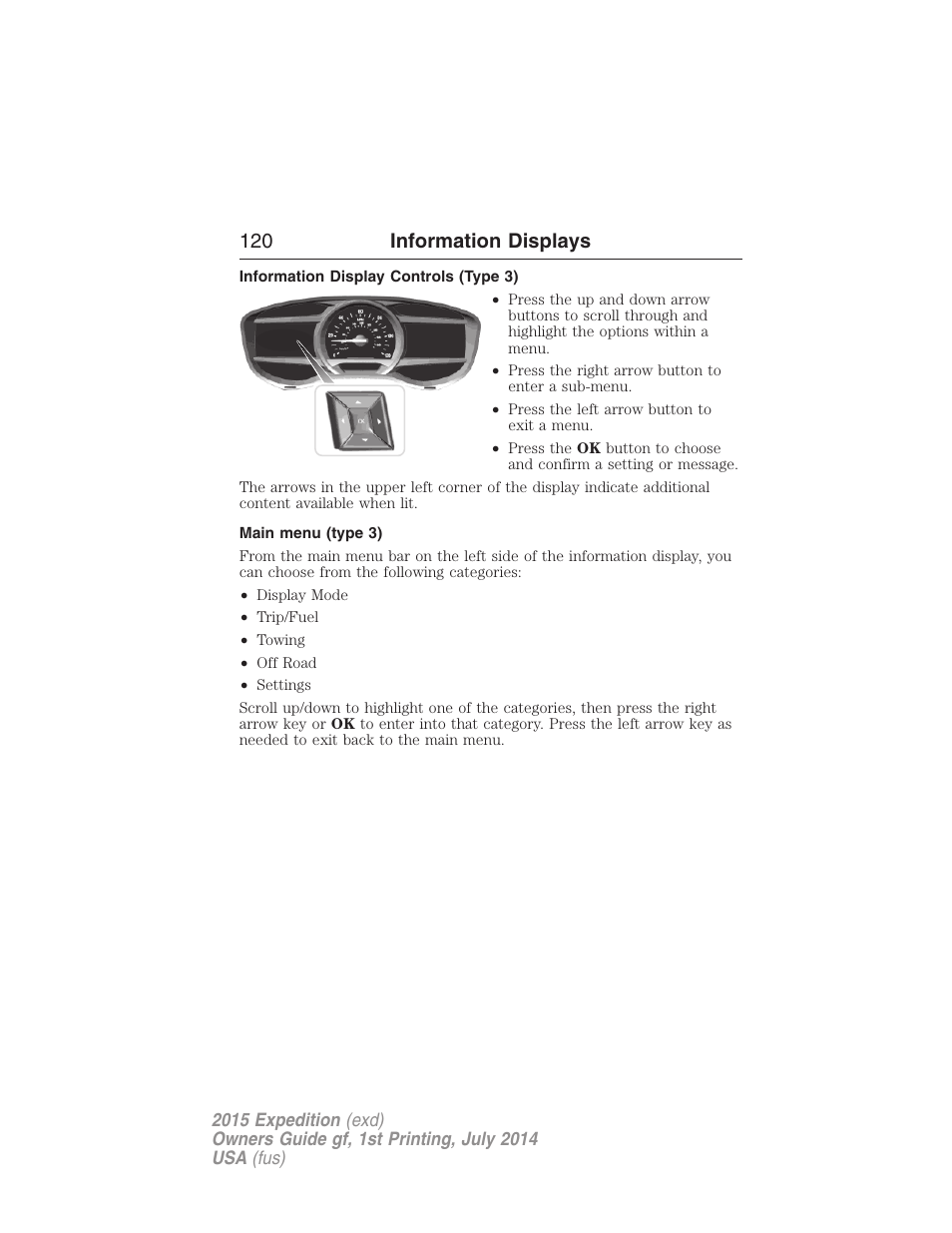 Information display controls (type 3), Main menu (type 3), 120 information displays | FORD 2015 Expedition User Manual | Page 121 / 564