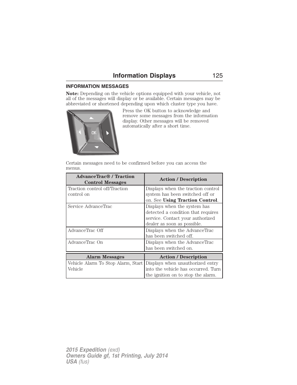 Information messages, Information displays 125 | FORD 2015 Expedition User Manual | Page 126 / 564