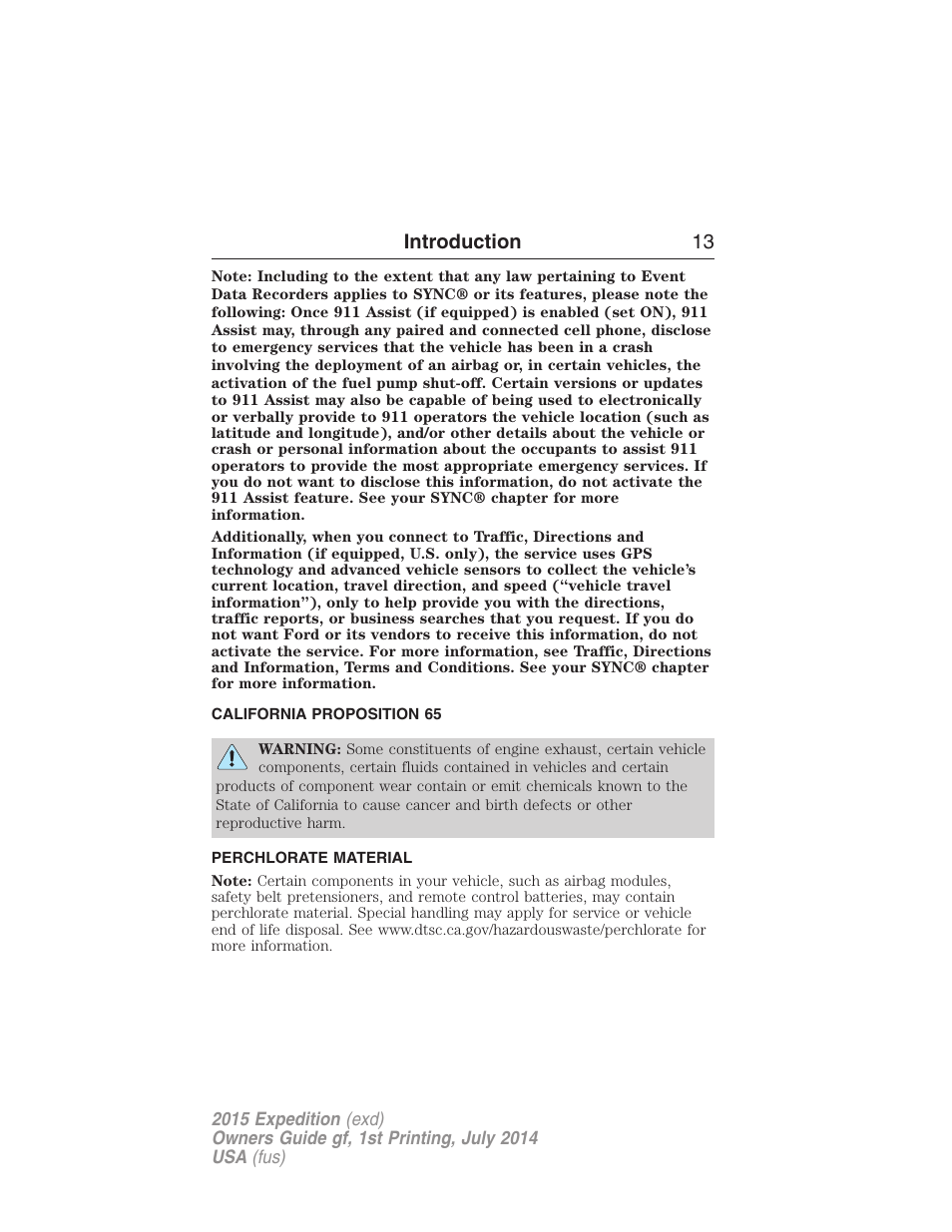 California proposition 65, Perchlorate material, Introduction 13 | FORD 2015 Expedition User Manual | Page 14 / 564