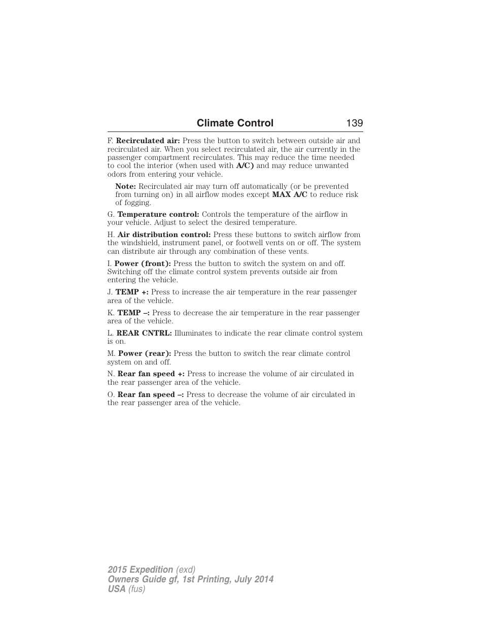 Climate control 139 | FORD 2015 Expedition User Manual | Page 140 / 564