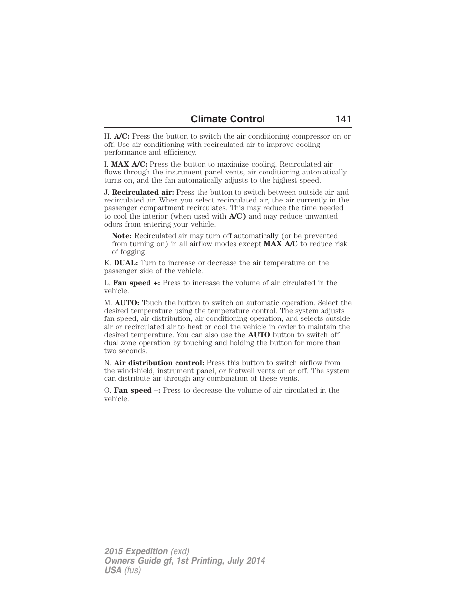 Climate control 141 | FORD 2015 Expedition User Manual | Page 142 / 564