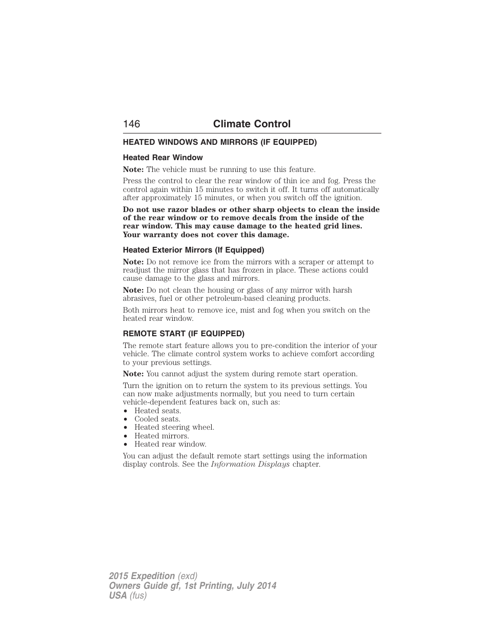 Heated windows and mirrors (if equipped), Heated rear window, Heated exterior mirrors (if equipped) | Remote start (if equipped), Rear window defroster, Remote start, 146 climate control | FORD 2015 Expedition User Manual | Page 147 / 564