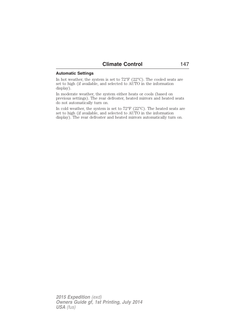 Automatic settings | FORD 2015 Expedition User Manual | Page 148 / 564