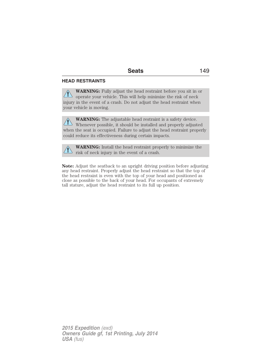 Head restraints, Seats 149 | FORD 2015 Expedition User Manual | Page 150 / 564