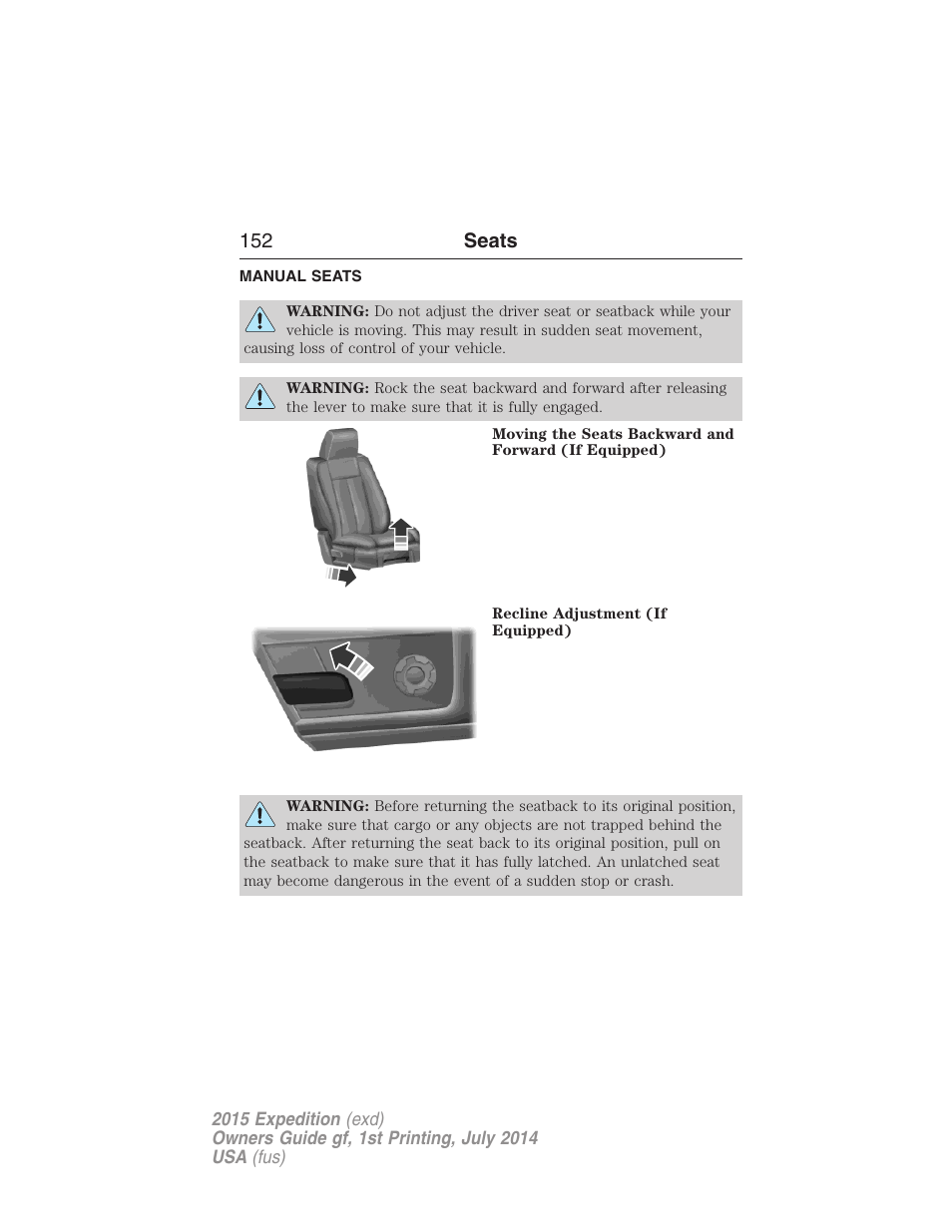 Manual seats, 152 seats | FORD 2015 Expedition User Manual | Page 153 / 564