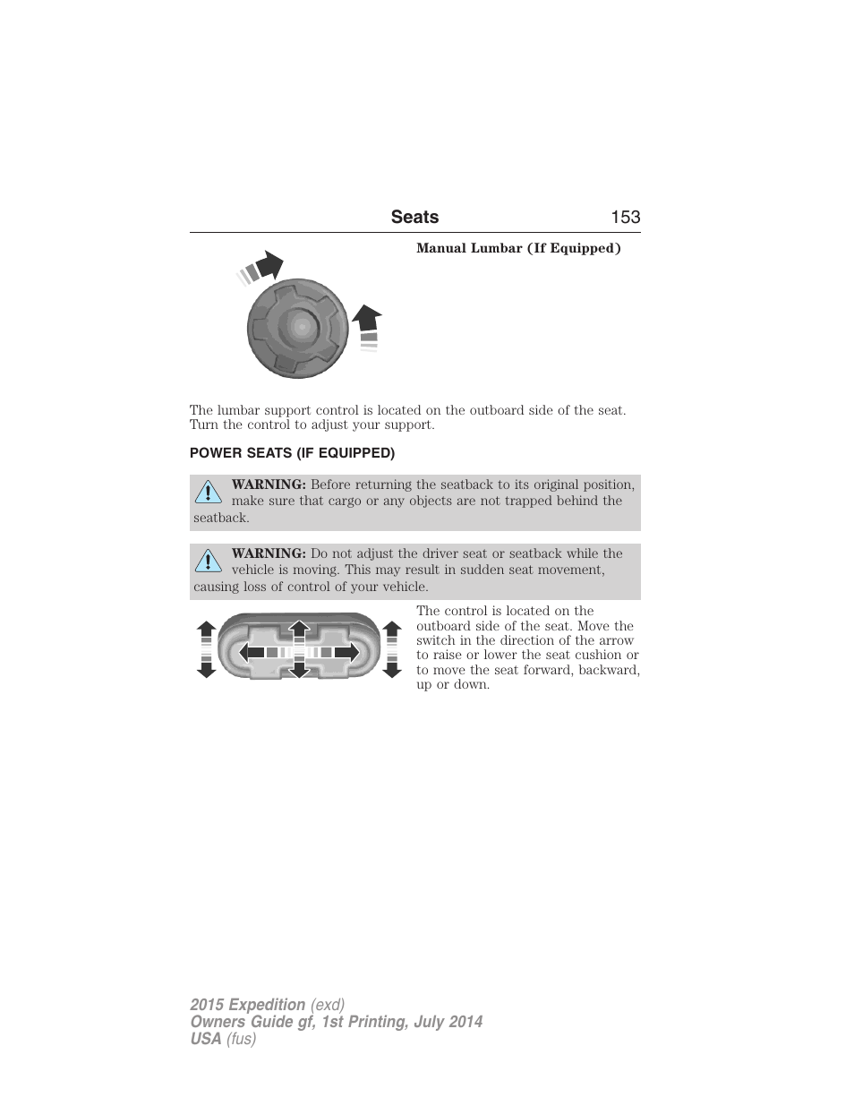 Power seats (if equipped), Power seats, Seats 153 | FORD 2015 Expedition User Manual | Page 154 / 564