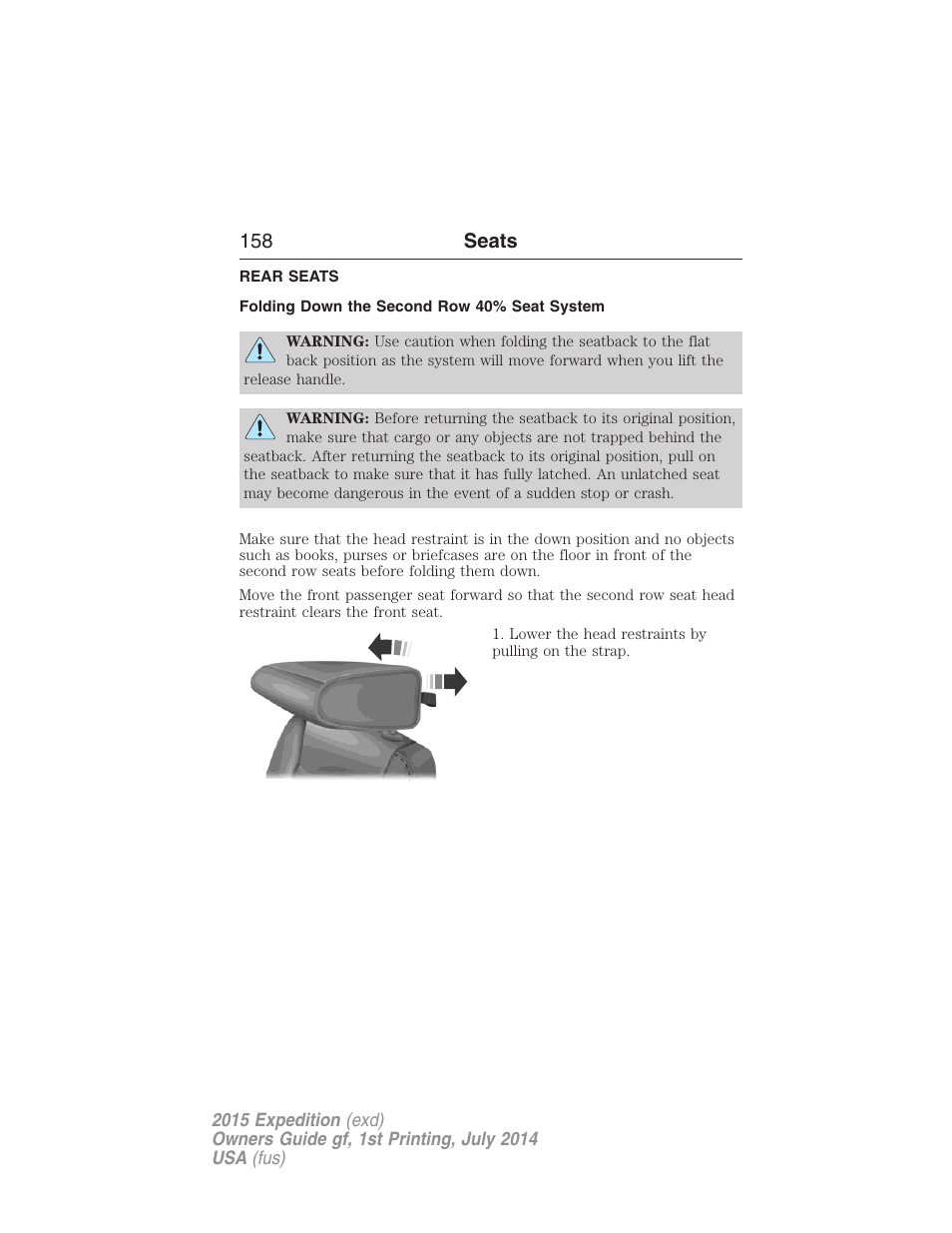 Rear seats, Folding down the second row 40% seat system, 158 seats | FORD 2015 Expedition User Manual | Page 159 / 564