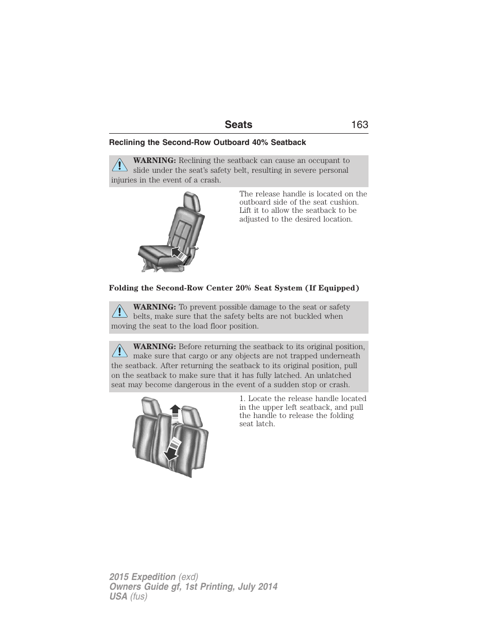 Reclining the second-row outboard 40% seatback, Seats 163 | FORD 2015 Expedition User Manual | Page 164 / 564