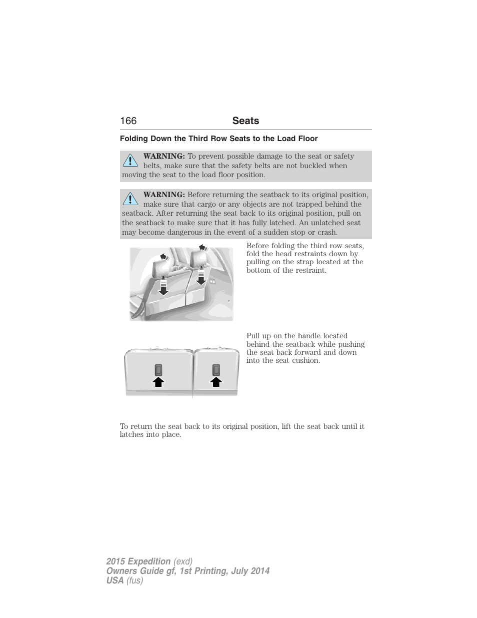 Folding down the third row seats to the load floor, 166 seats | FORD 2015 Expedition User Manual | Page 167 / 564