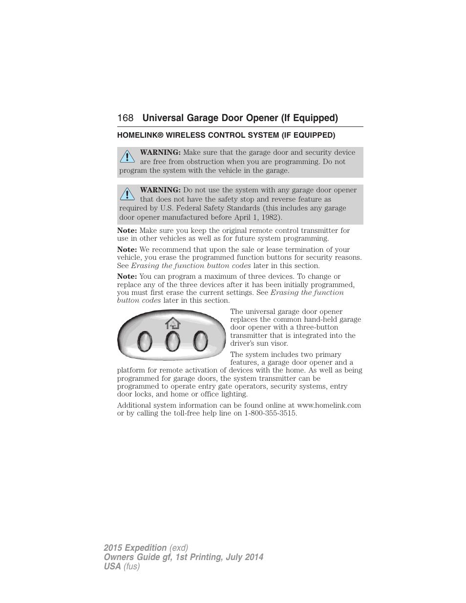 Universal garage door opener (if equipped), Homelink® wireless control system (if equipped), Homelink® wireless control system | 168 universal garage door opener (if equipped) | FORD 2015 Expedition User Manual | Page 169 / 564