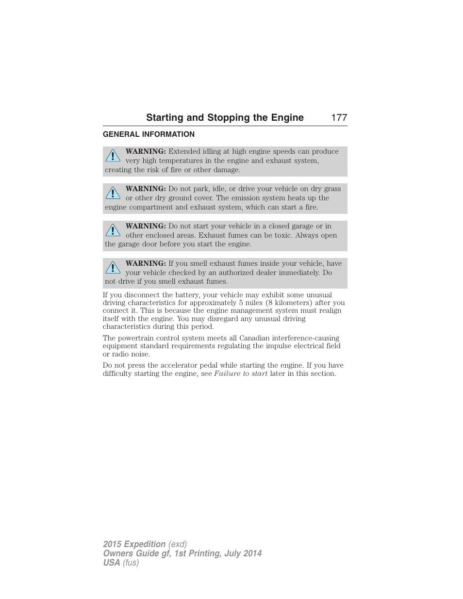 Starting and stopping the engine, General information, Starting and stopping the engine 177 | FORD 2015 Expedition User Manual | Page 178 / 564