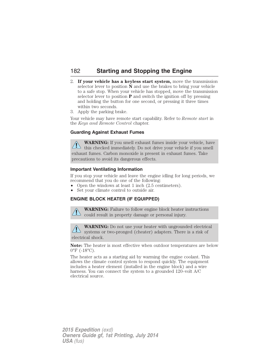 Guarding against exhaust fumes, Important ventilating information, Engine block heater (if equipped) | Engine block heater, 182 starting and stopping the engine | FORD 2015 Expedition User Manual | Page 183 / 564