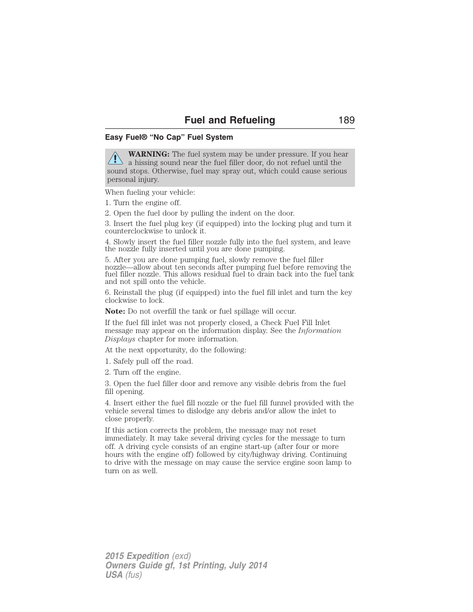 Easy fuel® “no cap” fuel system, Fuel and refueling 189 | FORD 2015 Expedition User Manual | Page 190 / 564