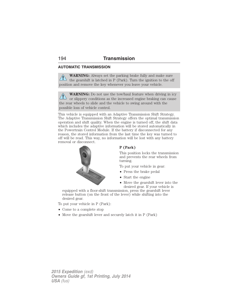 Transmission, Automatic transmission, 194 transmission | FORD 2015 Expedition User Manual | Page 195 / 564