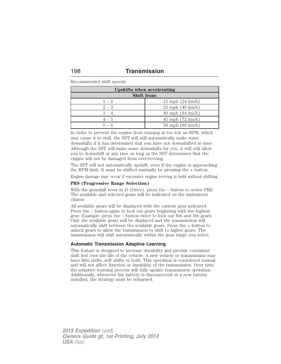 Automatic transmission adaptive learning, 198 transmission | FORD 2015 Expedition User Manual | Page 199 / 564