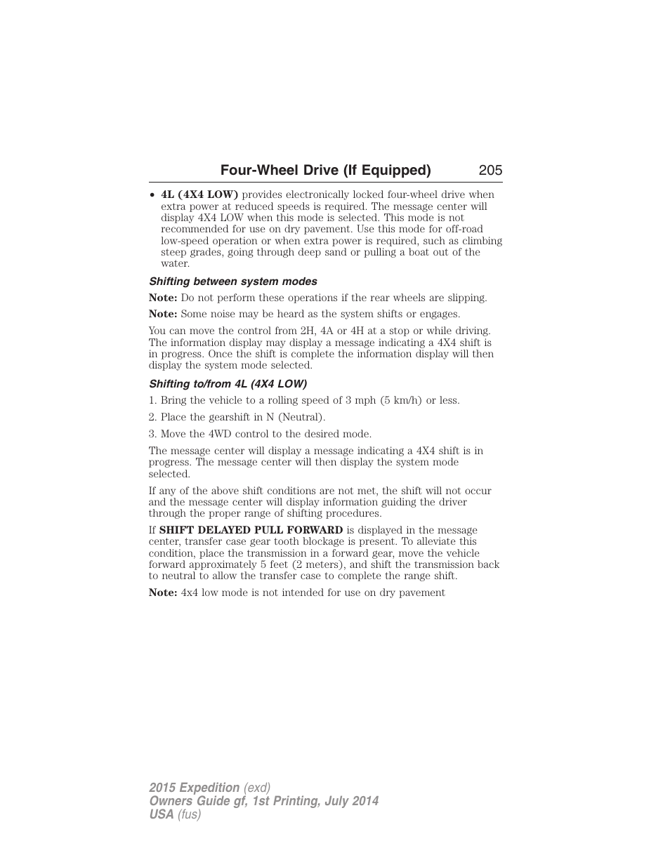 Shifting between system modes, Shifting to/from 4l (4x4 low), Four-wheel drive (if equipped) 205 | FORD 2015 Expedition User Manual | Page 206 / 564