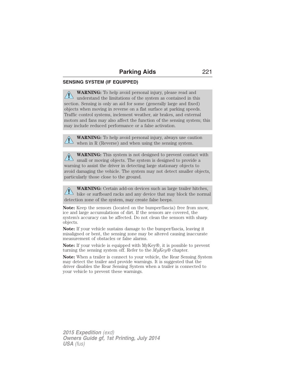 Parking aids, Sensing system (if equipped), Sensing system | Parking aids 221 | FORD 2015 Expedition User Manual | Page 222 / 564