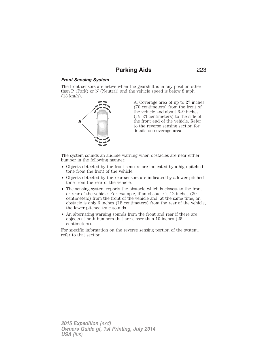 Front sensing system, Parking aids 223 | FORD 2015 Expedition User Manual | Page 224 / 564