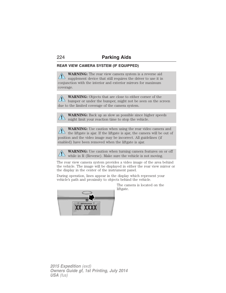 Rear view camera system (if equipped), Rear-view camera system, 224 parking aids | FORD 2015 Expedition User Manual | Page 225 / 564