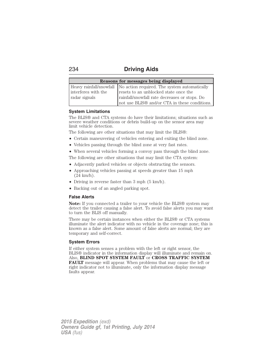 System limitations, False alerts, System errors | 234 driving aids | FORD 2015 Expedition User Manual | Page 235 / 564