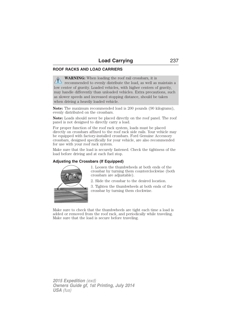 Load carrying, Roof racks and load carriers, Adjusting the crossbars (if equipped) | Load carrying 237 | FORD 2015 Expedition User Manual | Page 238 / 564