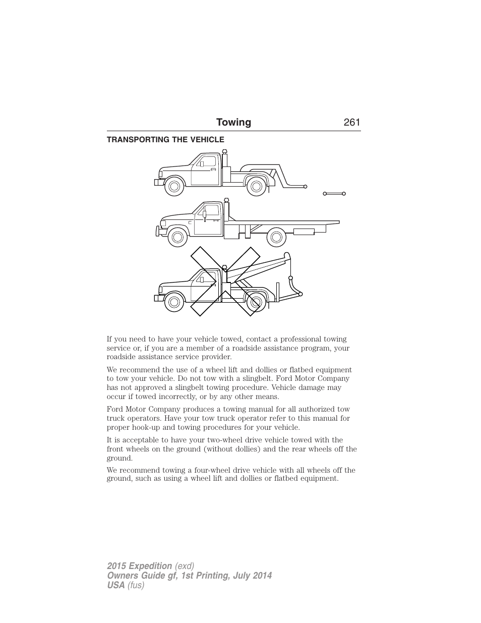 Transporting the vehicle, Wrecker towing, Towing 261 | FORD 2015 Expedition User Manual | Page 262 / 564