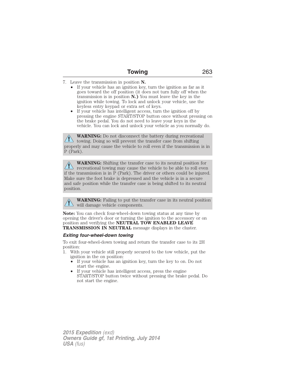 Exiting four-wheel-down towing, Towing 263 | FORD 2015 Expedition User Manual | Page 264 / 564