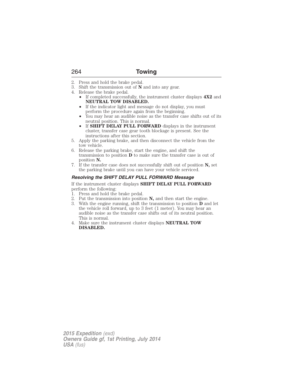 Resolving the shift delay pull forward message, 264 towing | FORD 2015 Expedition User Manual | Page 265 / 564