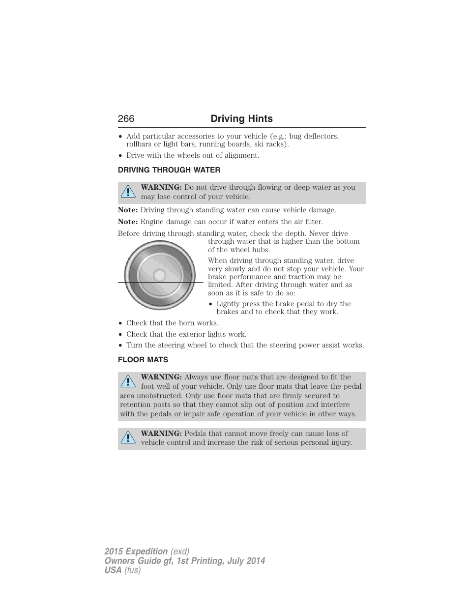 Driving through water, Floor mats, 266 driving hints | FORD 2015 Expedition User Manual | Page 267 / 564