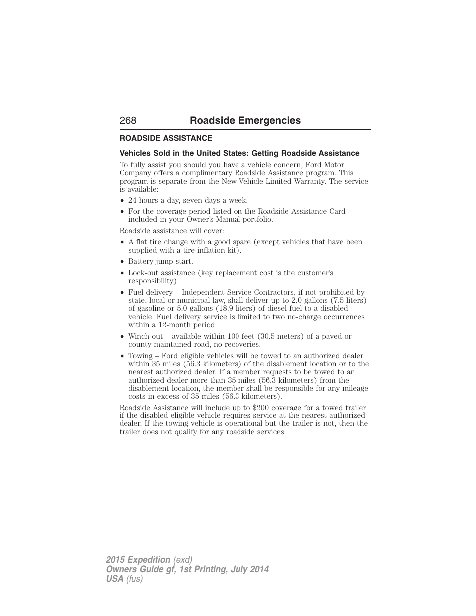 Roadside emergencies, Roadside assistance, Getting roadside assistance | 268 roadside emergencies | FORD 2015 Expedition User Manual | Page 269 / 564