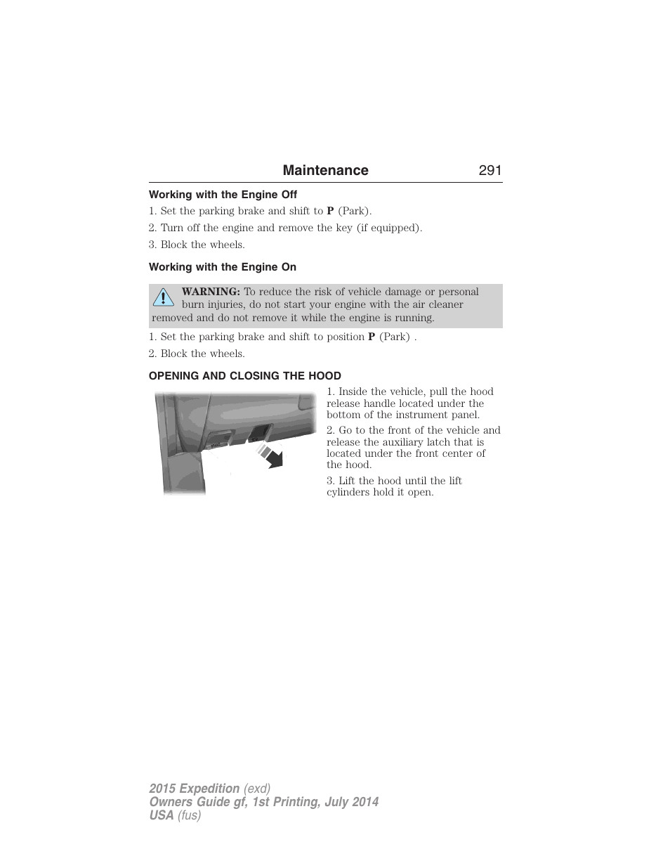 Working with the engine off, Working with the engine on, Opening and closing the hood | Maintenance 291 | FORD 2015 Expedition User Manual | Page 292 / 564