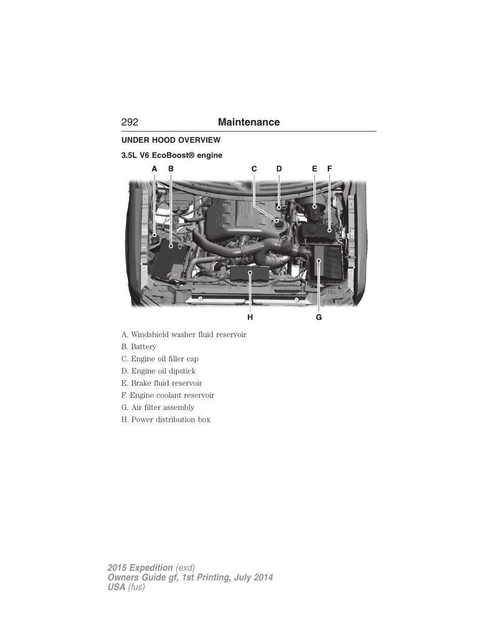 Under hood overview, 5l v6 ecoboost® engine, 292 maintenance | FORD 2015 Expedition User Manual | Page 293 / 564