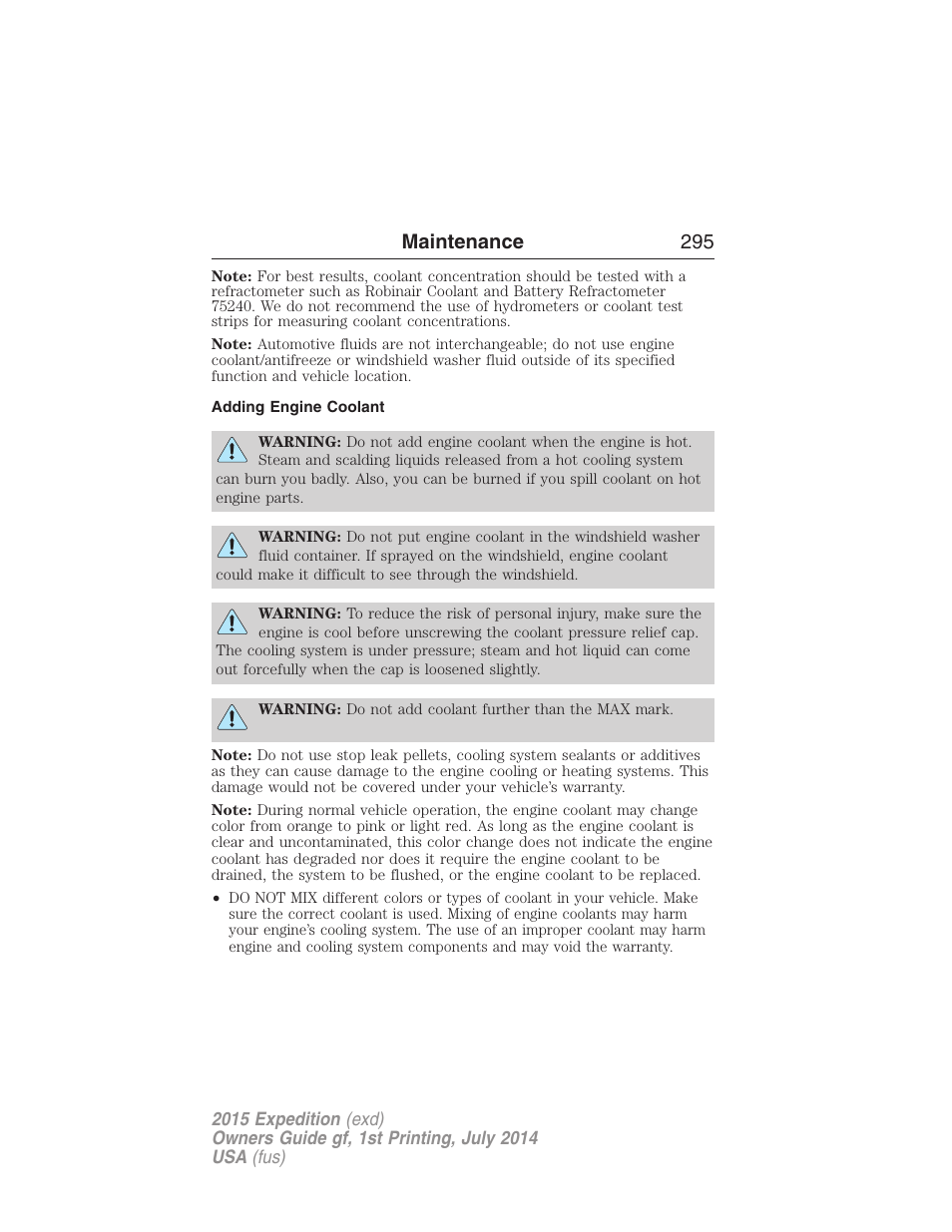 Adding engine coolant, Maintenance 295 | FORD 2015 Expedition User Manual | Page 296 / 564