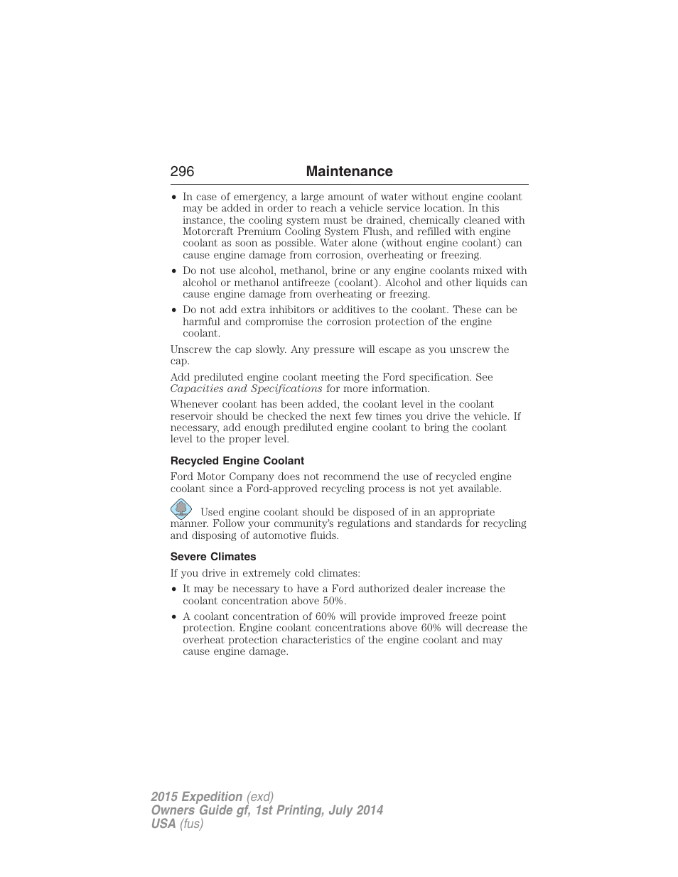 Recycled engine coolant, Severe climates, 296 maintenance | FORD 2015 Expedition User Manual | Page 297 / 564